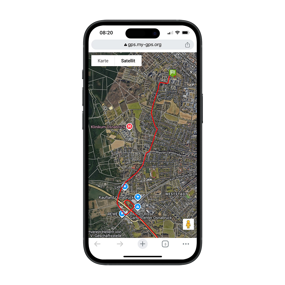 Standortverlauf eines GPS-Tracker auf Smartphone Satellitenansicht