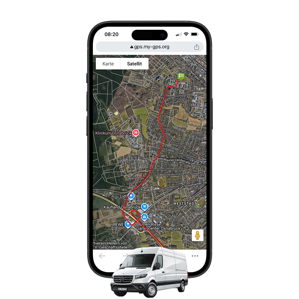 Streckenverlauf Fahrt Transporter auf Smartphone Google Maps Satellit